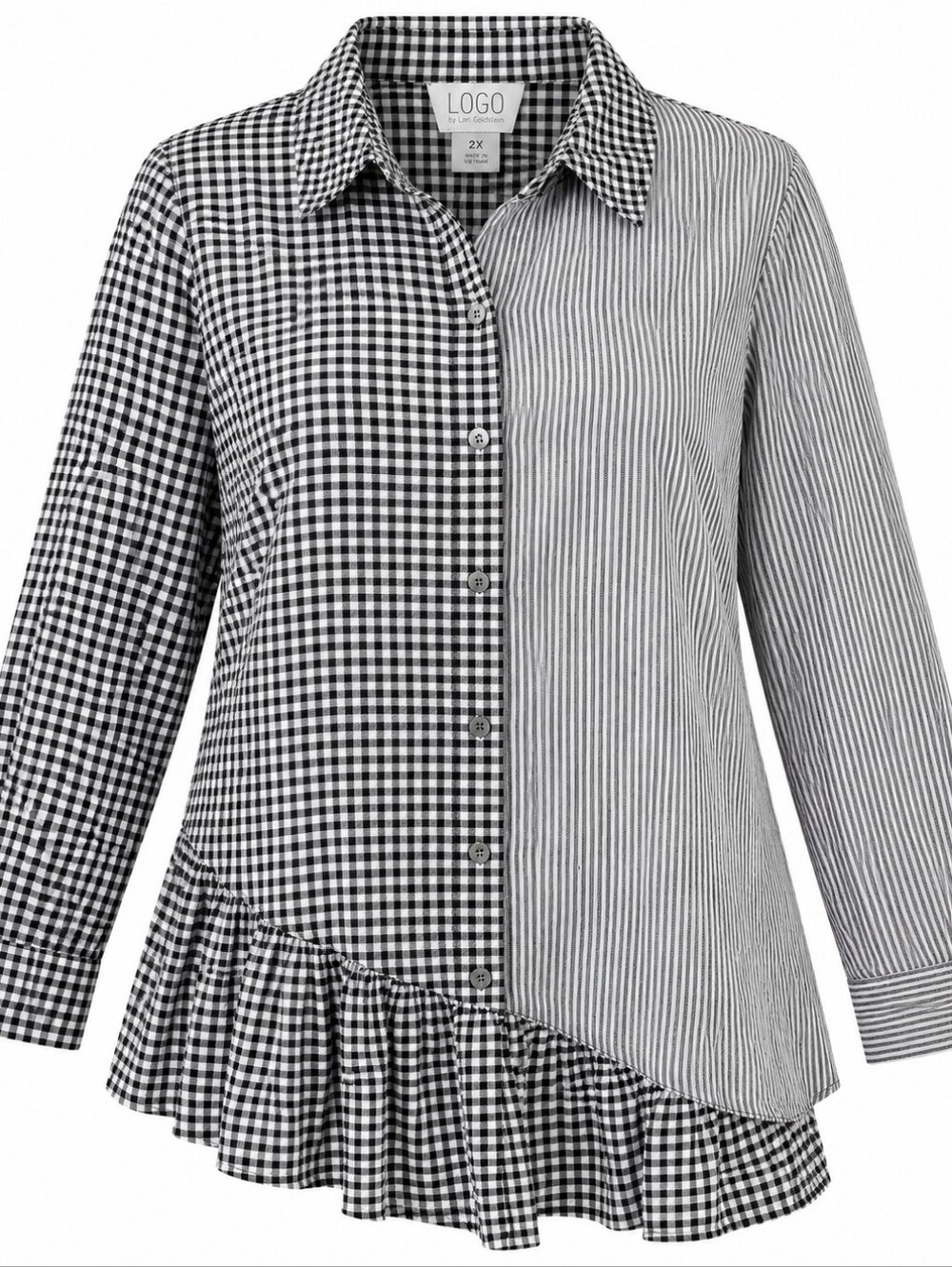LOGO BY LORI GOLDSTEIN | Black White Gingham Stripe Ruffle Hem Shirt | 2X